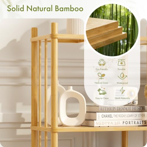 5 Tier Book Shelf, Tall Bamboo Bookcase, Wide Bookshelf with 10 Open Display Shelves Storage Organizer, Adjustable Bookshelves Standing Shelf Units for Bedroom, Living Room, Home Office - Image 3