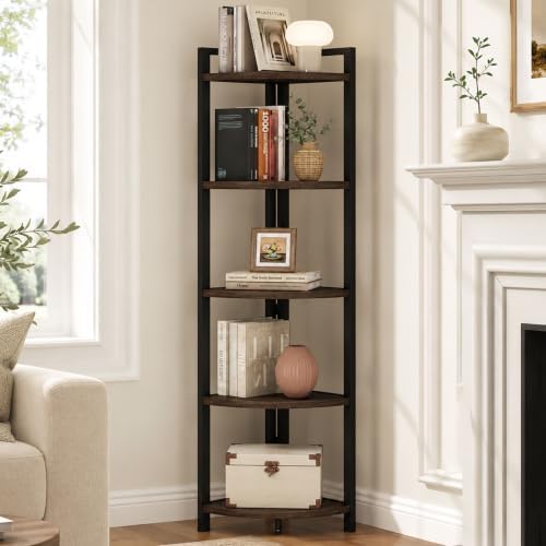 FATORRI Rustic Tall Corner Shelf, 5 Tier Industrial Corner Bookshelf for Living Room, Dark Wood and Metal Corner Plant Stand for Home Office (Walnut Brown) by FATORRI