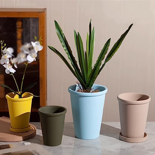 Planter Flower Pots Solid Color High Thin Round Thick Side Plant Pots Tall Simple with Tray Ceramic Planters for Home/Office/Garden/Balcony Flower Pots(Yellow,XS) - Image 7