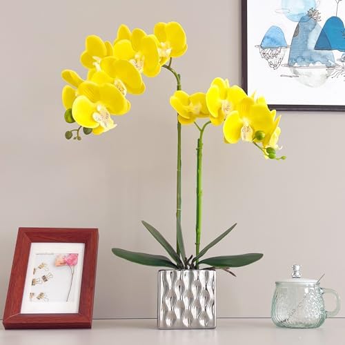 Artificial Orchids Silver Vases Orchids Artificial Flowers Yellow Orchid Height 20 inches - Image 3