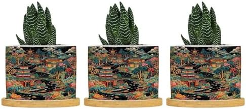 Chinoiserie Coral Asian Planter Ceramic Chinoiserie Chic Asian Round Flower Pot with Drainage Holes and Bamboo Tray Pot for Home Desktop Office Windowsill by BRUYU5SE