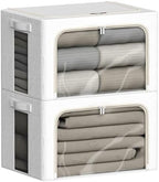 FHSQX 2 Pack Clear Window Storage Bins Large Stackable Linen Fabric Storage for Clothes Foldable Container Organizer Set with Carrying Handles (Lvory White, 15.7x 11.8x 7.8Inch) by FHSQX
