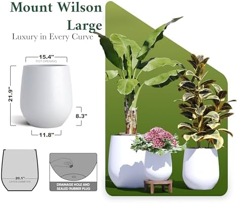 DTY Premium Mt Wilson Tall Tapered Fiberstone Planter for Indoor Outdoor Use, Modern Large Olive Tree Pot with Drainage Hole, Includes 2 Coco Mats. White, Large 20.1'' D x 21.9'' H. 15.4” Pot Opening - Image 3