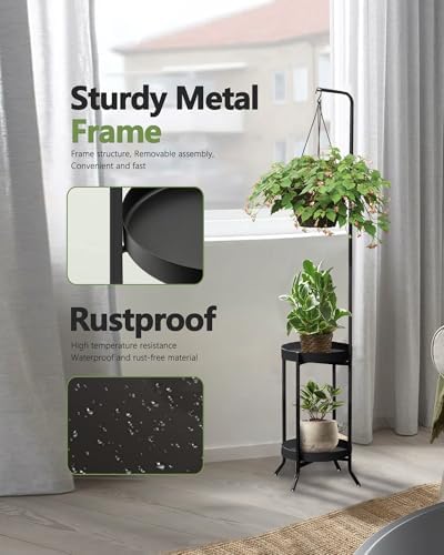RINBOU Hanging Plant Stand Indoor Outdoor, Space-Saving Corner Metal Plant Shelf 3 Potted Flower Pot Stand, 2 Tier 61" Tall Modern Planter Holder for Patio Garden Balcony Living Room Bedroom, Black - Image 4