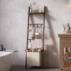 63" Bamboo Blanket Ladder with Shelf, Fabric Storage Basket and 5 Hooks - Image 6