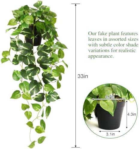 CEWOR Fake Pothos Hanging Plants, 33", Variegated, with Plastic Pot, for Home Office Indoor Decor, 2 Pack - Image 2