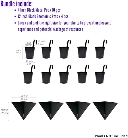 LaLaGreen Bundle- 10 Pack, 4 Inch Black Metal Pot + 4 Pack, 12 Inch Self Watering Pot Geometric Hanging Vertical Wall Mounted Flower Vase Balcony Porch Home Decor Succulent Herbs Plant Holder Garden - Image 2