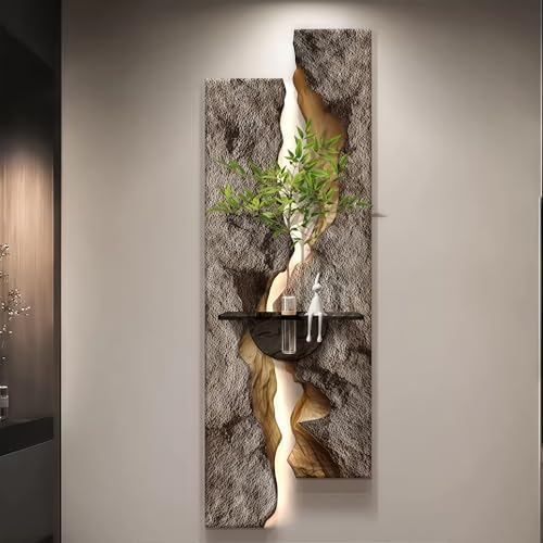 3D Textured Sandstone Wall Art with LED Light and Hydroponic Vase, Modern Framed Abstract Sculpture Wall Decor for Living Room Bedroom for Apartment Office Entryway(Brown-A,35x100cm (13.8x39.4in)) by WXZXWXZX
