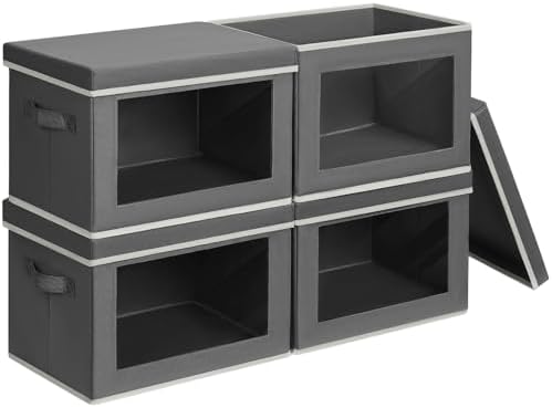 Homsorout Stackable Storage Bins with Lids - Large Storage Box with Lids, Foldable Closet Boxes for Organizing, Wardrobe Clothes Organizer with Window, Cubes Bins for Living Room, 4 Pack, Dark Grey by Homsorout
