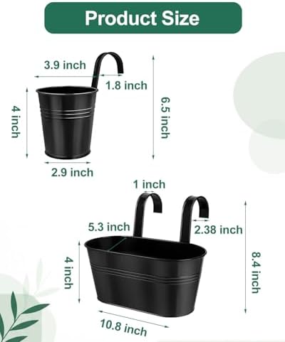 vensovo 10 Pcs Metal Railing Planters Set, 10.8" Oval & 3.9" Round Hanging Flower Pots with Detachable Hooks, Black Fence Planter Baskets for Outdoor Plants, Herbs & Succulents, Garden Decor - Image 2
