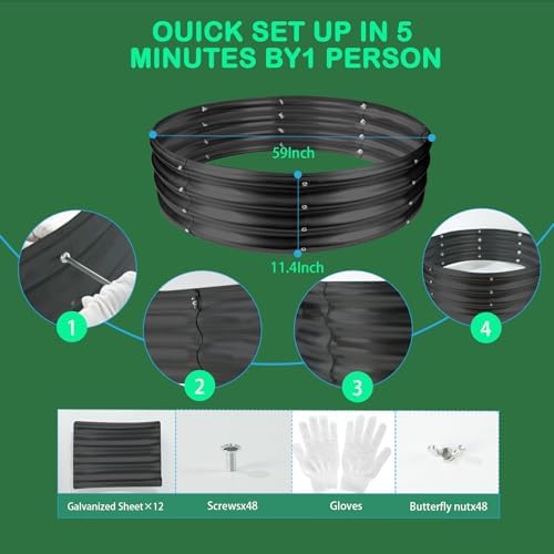 Durable Round Galvanized Steel Raised Garden Bed for Planting,Round Galvanized Steel Fire Ring/Fir Pit for Outdoor- 5×5×1FT,0.8MM Thick(Black, 60 ins Diameter x 12 ins high) - Image 5
