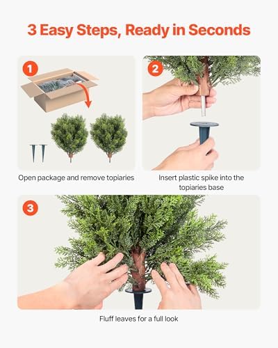 VEVOR Artificial Topiary Cypress Trees with Ground Spike, 16 inch 2 Set Faux Shrubs & Bushes Potted Plants, Fake Silk Tree Look Real for Decor Front Porch Outdoor Indoor Patio Garden Balcony Backyard - Image 4