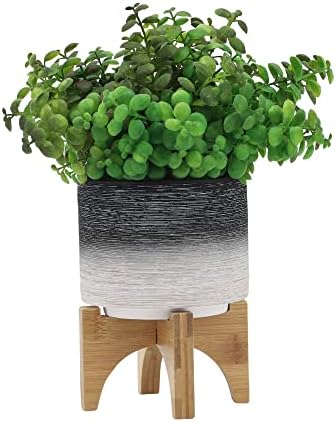 5" Ceramic Planter with Wood Stand, 5 Inch, Gray - Image 4