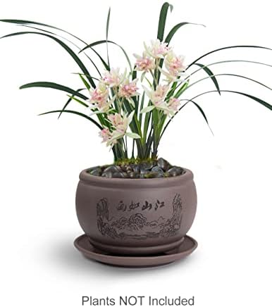 Dahlia 4.8" Beautiful Scenery Zisha Bonsai Planter/Succulent Pot/Flower Pot w. Saucer, Dark Brown - Image 2