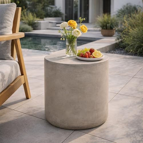 ø15.75'' Concrete Side Table End Table for Outdoor & Living Room, Modern Round Circle Cylindrical Style, Durable and Lightweight, Cement Material, No Assembly, Light Gray by JJKFurniture-kevinplus