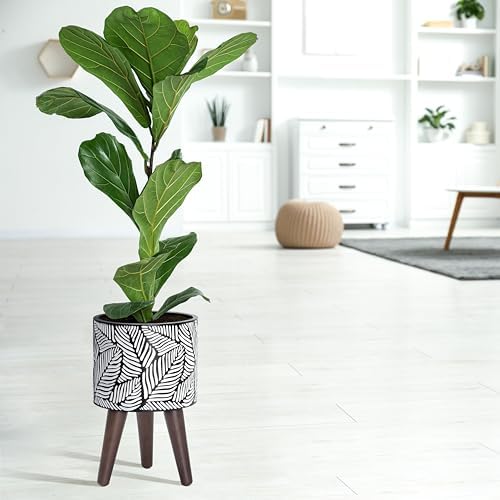 D'vine Dev 8 Inch Planter Pot with Wood Stand, White/Grey, 88-L-A-7 - Image 5