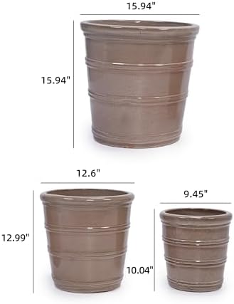 16" Ceramic Planters, Set of 3, 16 Inch, Taupe with Horizontal Rings - Image 4