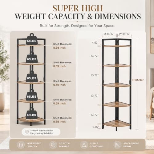 FATORRI Tall Corner Shelf, Industrial Corner Bookshelf, Wood and Metal Corner Shelf Stand for Living Room, Rustic Display Plant Stand for Home Office (Rustic Oak) - Image 3