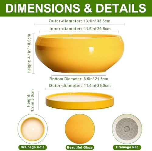 Ceramic Bonsai Pots - 13 Inch Large Succulent Pots with Drainage Hole and Saucer, Bonsai Planter for Indoor Outdoor, Round Shallow Bowl Planter, Garden House Decor, Plant Lover Gifts, Yellow - Image 2