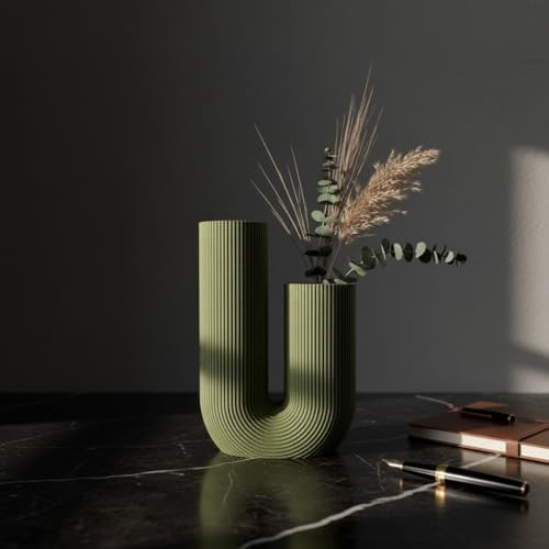 U-Shaped Modern Vase, Minimalist Ribbed Planter for Real & Dried Plants, Sustainable Home Decor (Olive) - Image 3