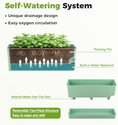 2 Pack Self Watering Pots for Indoor Plants 17 Inches Window Boxes Planters Rectangular Flower Pots Rectangle Herb Pots Large Plant Pots with Drainage Holes and Saucers Windowsill Planter, Green - Image 4