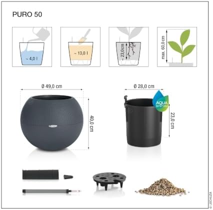 Lechuza Puro Color 50 Slate, Self-Watering Large Round Planter, D19.7 H15.4 in - Image 3