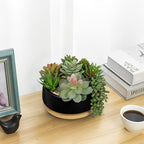 Artificial Succulent Plants in Pot 5.5 Inch Fake Succulents Arrangement Potted Plant in Black Ceramic Planter Bowl with Wood Saucer for Home Office Desk Shelf Living Room Bedroom Bathroom Decor - Image 5