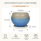 10.6 Inch Modern Ceramic Plant Pot with Drainage Hole and Mesh Net, Indoor Outdoor Planter with Saucer & Gardening Glove, Pots for Succulents, Flowers, Large Plants, Blue - Image 6