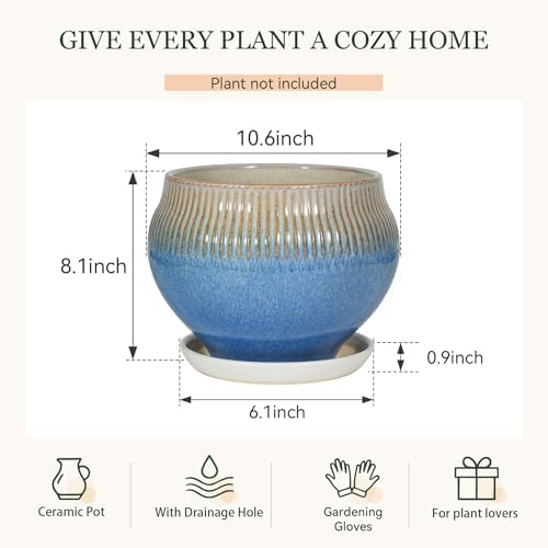 10.6 Inch Modern Ceramic Plant Pot with Drainage Hole and Mesh Net, Indoor Outdoor Planter with Saucer & Gardening Glove, Pots for Succulents, Flowers, Large Plants, Blue - Image 6
