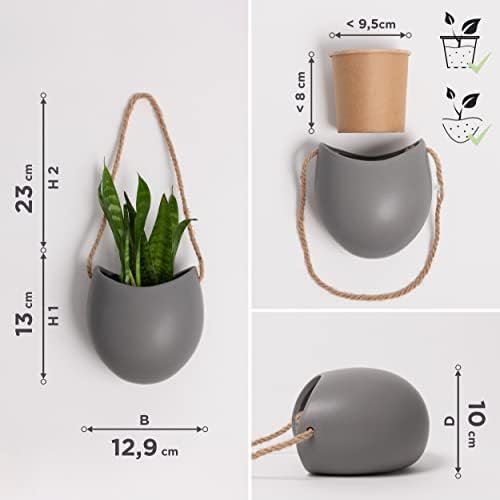 Kazai. Wall Planters -Ellie- | Hanging Ceramic Plant Pots 3 Pieces | Wall Decoration for Indoors, Balcony and Garden | Gray (Matte) - Image 5
