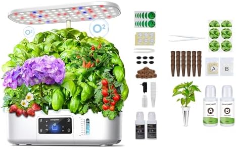 Ahopegarden Indoor Garden Hydroponics Growing System 12 Pods with LCD Touch Panel White & 52PCS Hydroponics Pods Kit by Ahopegarden