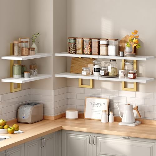 HOOBRO Floating Shelves, 15 Inch Wall Shelf Set of 3, Wall Mounted Storage Shelves 2-Tier, Hanging Bathroom Shelves, for Living Room, Bedroom, Bathroom, Kitchen, White and Gold DW32BJP301 - Image 5