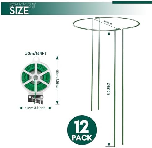 12 Pack 24 inch Plant Support Stakes, Half-Round Metal Garden Flower Stakes, Large Peony Support Ring and Cage for Indoor and Outdoor Plants, Hydrangea, Tomato, Rose, Monstera with Plant Ties - Image 2