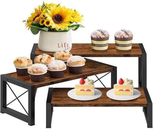 ELITEROO 3 Tier Cupcake Stand & Wood Display Risers, Dessert Stands for Cup Cake or Food, Riser Display Stand for Perfume Collectibles, Tiered Shelf Organizer for Market Retail Vendors, Rustic Brown by ELITEROO