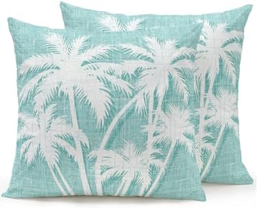 Tropical Palm Tree 16x16 Waterproof Outdoor Throw Pillows Set of 2 with Inserts, Vintage Mint Green Exotic Botanical Plants Patio Decorative Cushions for Outdoor Furniture Sofa Porch Balcony by Hokiten