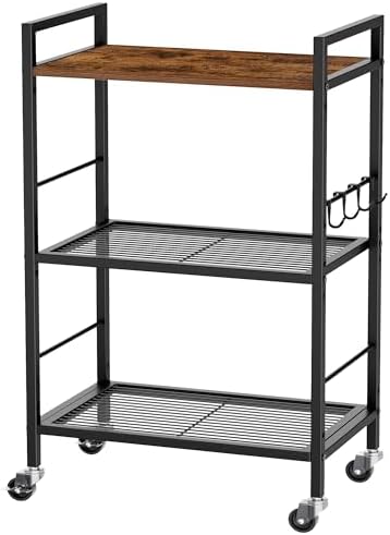 3-Tier Metal Storage Rack with Industrial Wheels,Mesh Shelving Unit with Wooden Table top,Adjustable Shelf,16.9-Inch Width,for Kitchen,Laundry,Pantry,Plant,Black by Unknown