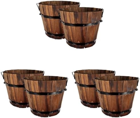 GANAZONO Wooden Whiskey Barrel Planter 6-Pack Round Outdoor Garden Flower Pots Rustic Wood Planters for Patio Lawn Decor 10.5 Inch Diameter by GANAZONOEnjoyYourLife