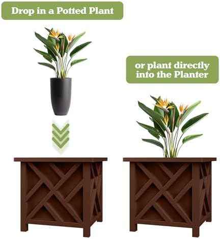Lattice Design Outdoor Planter Box 2-Pack - 15.5” Square 16.5” Tall Brown Decorative Plant Pots for Front Porch Decor - Flower Pots Outdoor Planters for Porch Patio or Garden Decor by Pure Garden - Image 3