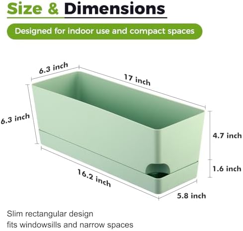 4 Pack Self Watering Pots for Indoor Plants 17 Inches Window Boxes Planters Rectangular Flower Pots Rectangle Herb Pots Large Plant Pots with Drainage Holes and Saucers Windowsill Planter, Green - Image 3
