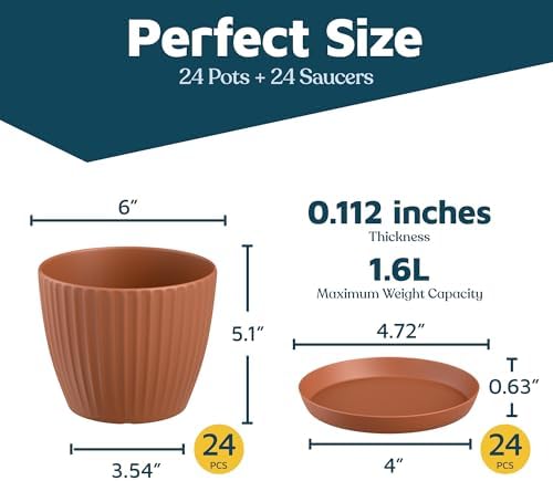 Terracotta 6-Inch Plant Pots with Drainage & Saucers 24 Pack, Indoor & Outdoor Planters for Houseplants, Herbs, and Flowers, Durable & Weatherproof Material, Stackable, Lightweight, Minimalist Design - Image 2