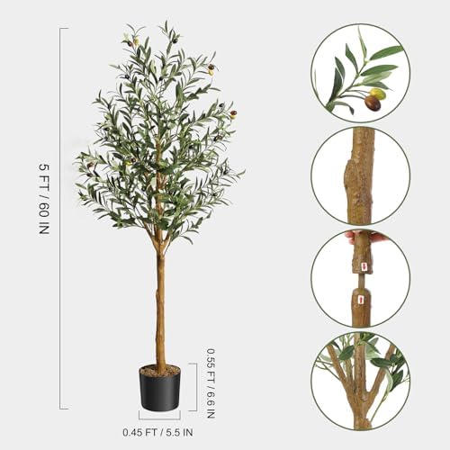 Artificial Olive Tree 5FT Tall Faux Silk Plant for Home Office Decor Indoor Fake Potted Tree, with Moss, Black Nursery Pot, Artificial Silk Plant, Designed Faux Wood Trunk and Realistic Fruit - Image 2