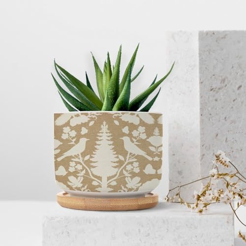 Chenonceau Birds and Botanicals Marine Planter Ceramic Chinoiserie White Bird Floral Round Plant Pot with Drainage Holes and Bamboo Tray Pot for Indoor Outdoor Garden - Image 7