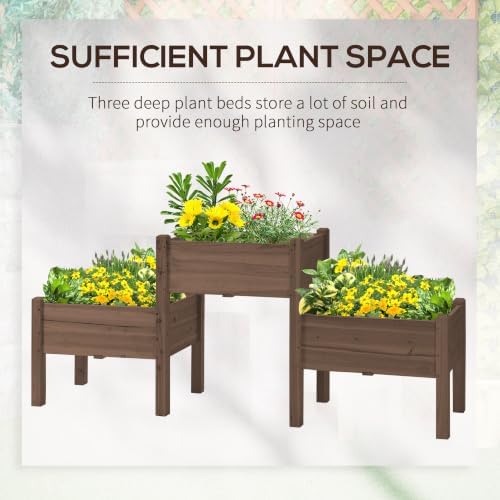 Outsunny Raised Garden Bed with 3 Planter Box Elevated Plant Stand, Coffee - Image 5