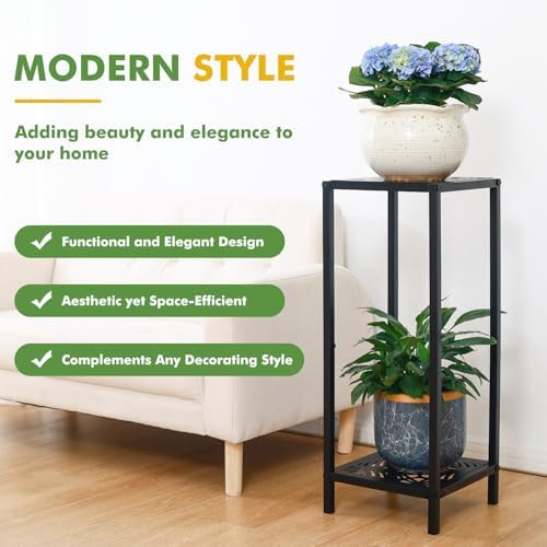 Party Zealot 2-Tier Tall Metal Square Plant Stand 31" Heavy-Duty Modern Flower Pot Rack for Indoor Living Room, Corner Side Table for Outdoor Patio, Garden, and Balcony Black, Leaf - Image 6