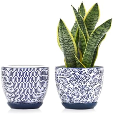 Selamica Ceramica Plant Pots, 6.5 Inch Flower Pots Set of 2 with Drainage Holes & Saucer, Planters for Indoor Plants, Home Decor, Vintage Blue by Selamica