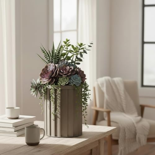 Round Strata Column Planter, 16.5 Inch, Brown Grey by Noeko