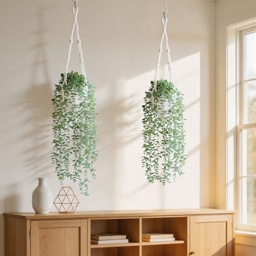 DREAMLOOM 2 Packs Fake Hanging Plants with Pots, Artificial Eucalyptus Hanging Plants with Macrame Hanger for Indoor Decor, Fake Hanging Vines Faux Greenery for Home Kitchen Office - Image 3