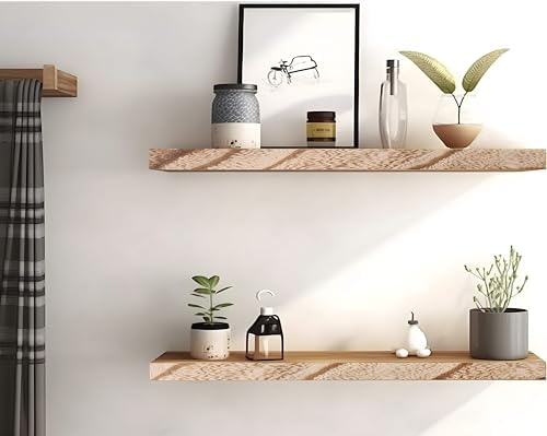 YYWUOJJ Wood Floating Shelves for Wall Decor, Rustic Wall Shelves for Bedroom Bathroom Kitchen Living Room, Set of 4 Light Walnut - Image 7