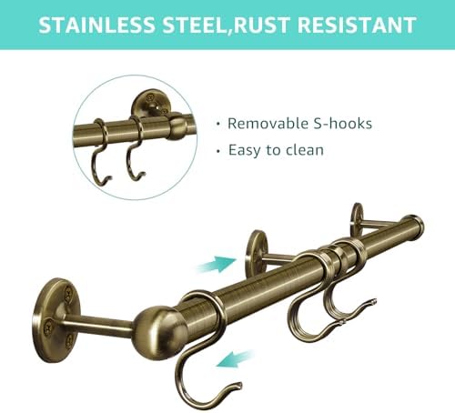 ROTHLEY Stainless Steel Hanging Pot Rack Hanger: 23.7 Inch Pot and Pan Hanger Wall Mounted Hanging Pot Bar Rack Heavy Duty Pot Hangers Kitchen Rail with 8 S Hooks (Antique Brass) - Image 3