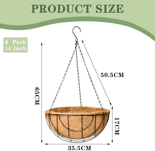EIMQUVW Outdoor Metal Hanging Planters Basket (4pack, 14 inch) Hanging Baskets for Plants Chain Round Wire Plant Holder with Coco Fiber Liners for Garden, Patio, Deck, Porch(Grid) - Image 4